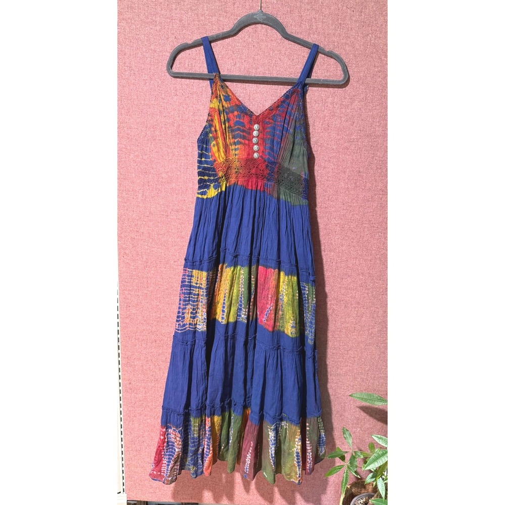 SE INC Blue Tie Dye Boho Midi Dress Cotton Crochet Empire Waist Size M Hippy